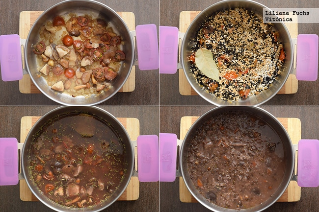 Lentejas beluga con quinoa, arroz y setas. Pasos